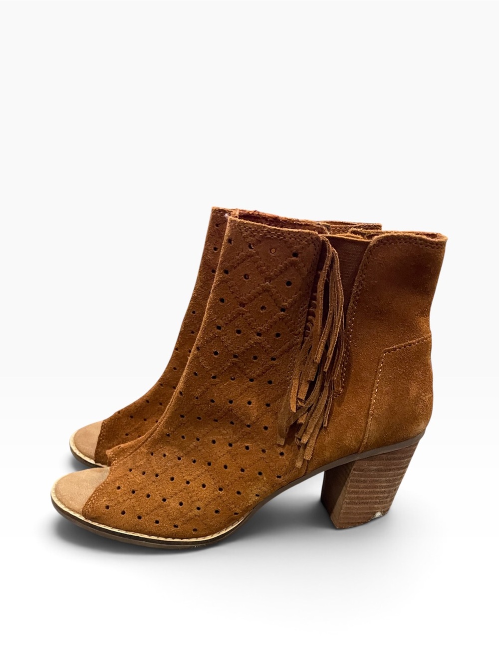 TOMS Women’s Open-Toe Fringe Suede Ankle Boots Brown Size 9.5